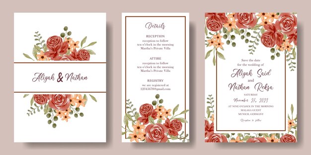 Vecteur set de carte d'invitation de mariage avec arrière-plan floral rustique à l'aquarelle