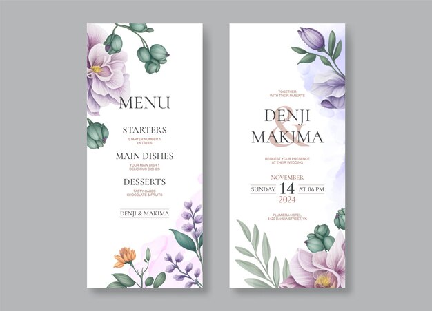 Set de cartes de menu de mariage à l'aquarelle romantique avec des fleurs