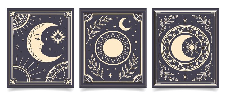 Vecteur set de cartes avec soleil sacré mystique lune et étoiles impressions d'art affiches murales illustration