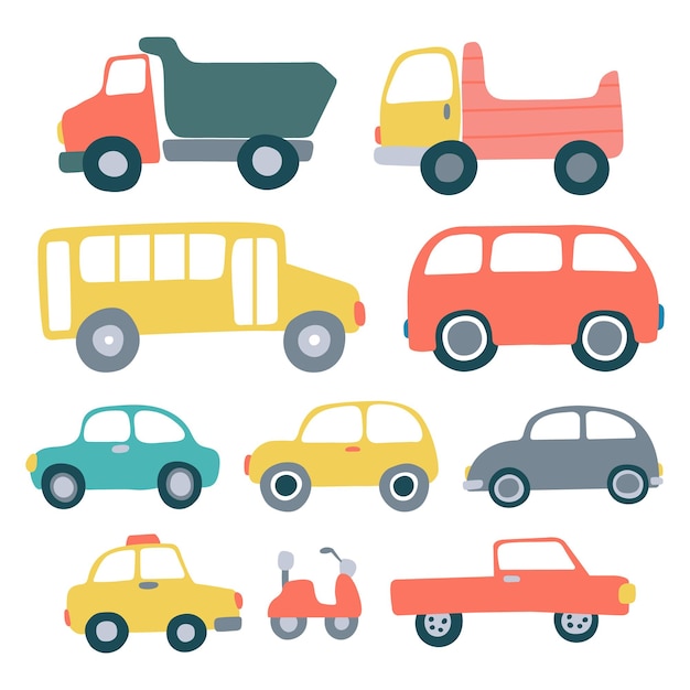 Set de cartes de transport pour enfants Vector différents types de transports dessinés à la main set de style plat