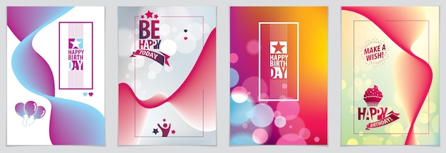 Vecteur set de cartes de vœux vectorielles d'anniversaire. inclut une composition de lettres et des ballons combinés avec une collection d'arrières-plans abstraits de forme fluide colorée ondulée. format a4 avec des couleurs cmyk acceptables pour l'impression