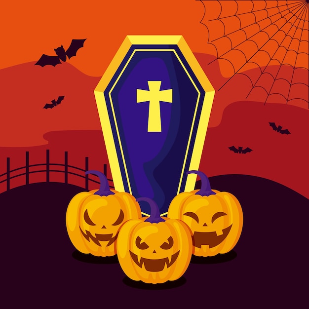 Set citrouilles avec cercueil en scène halloween
