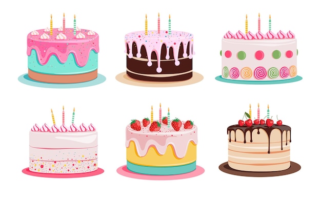 Set de cliparts d'éléments de dessins animés de gâteau d'anniversaire Collection d'art de gâteau coloré pour fête