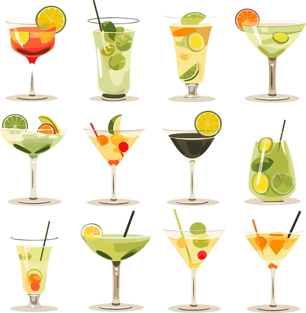 Set De Cocktails D'été Illustration Vectorielle De Dessin Animé Isolée Sur Fond Blanc Icône Boisson Fraîche