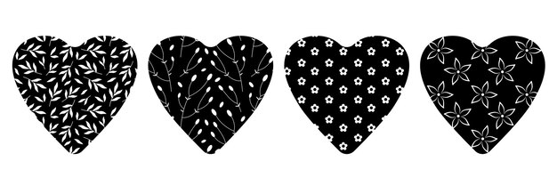 Vecteur set de cœurs avec des éléments végétaux illustration vectorielle silhouettes noires et blanches de cœur avec un motif floral symbole d'amour