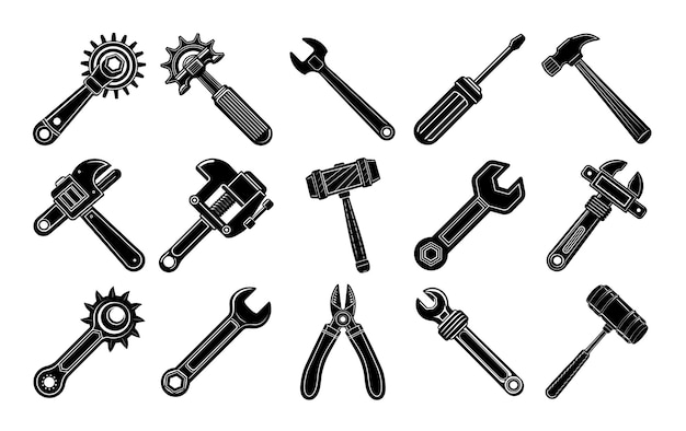 Set de collection d'icônes de silhouettes d'outils mécaniques