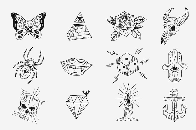 Set Collection Mystical Celestial Dark Holy Simple Minimalism Tatouage Clipart Symbole espace doodle Éléments ésotériques illustration vintage