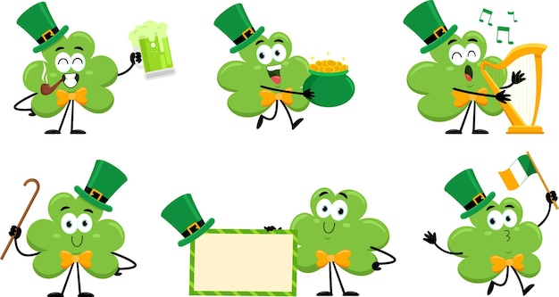 Set de collection de personnages de dessins animés Vector Flat Design de St Patricks Clover Leaf
