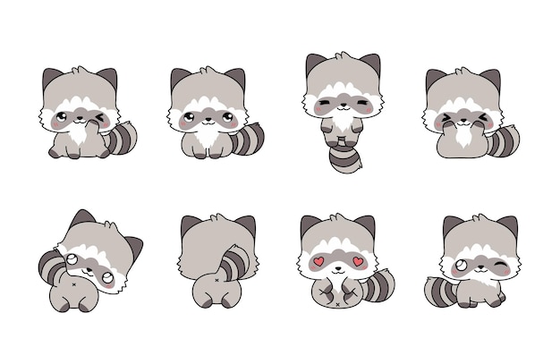 Set De Collection De Ratons Laveurs Isolés Kawaii D'illustrations D'animaux De Forêt De Dessins Animés Vectoriels Pour Les Autocollants