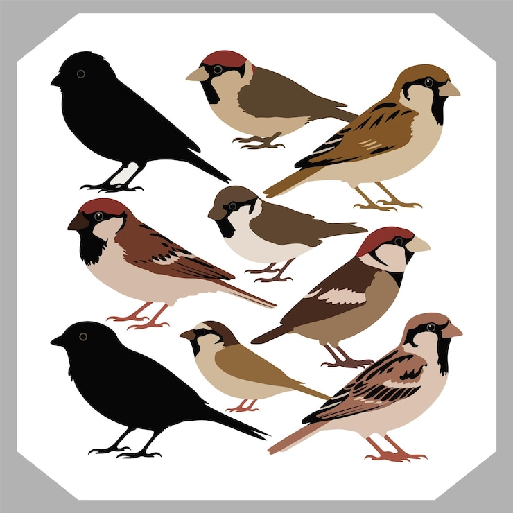 Vecteur set de collection de silhouettes d'oiseaux moineaux illustration design de vol de moineau