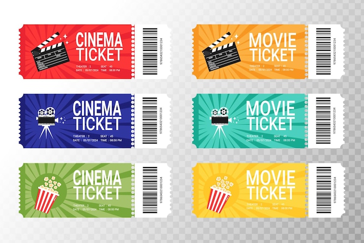 Vecteur set de conception de billets de cinéma ou de cinéma modernes vue avant avec code à barres