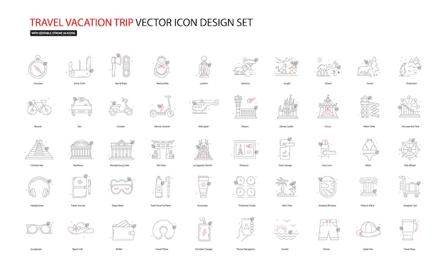 Set de conception d'icônes vectorielles de voyages et de vacances avec traits modifiables