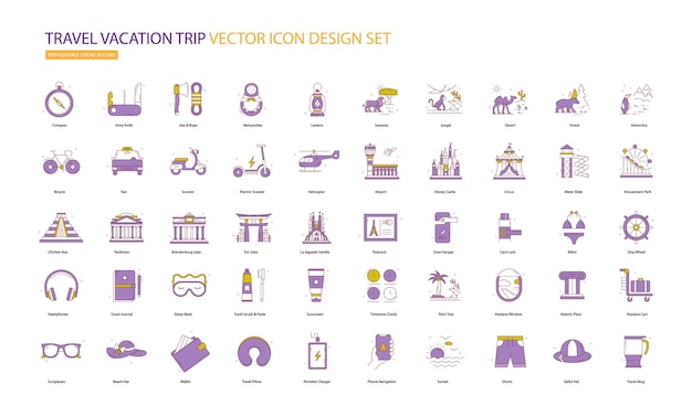 Set de conception d'icônes vectorielles de voyages de vacances et de vacances