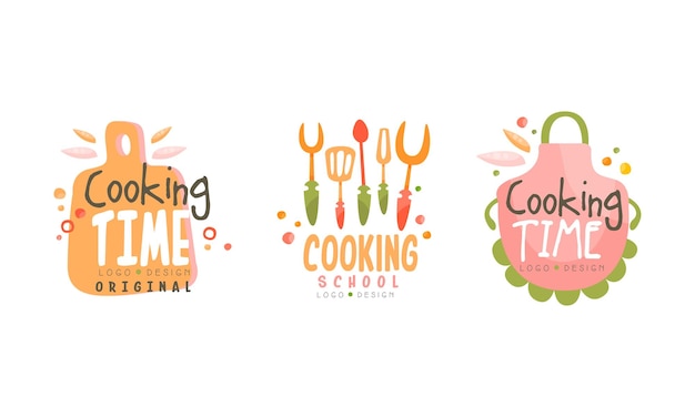 Set de conception de logo de temps de cuisson École de cuisine Étiquettes dessinées à la main Illustration vectorielle