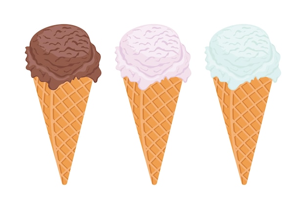 Vecteur set de cônes de crème glacée dessinés à la main illustration vectorielle cuillère de glace de différentes saveurs