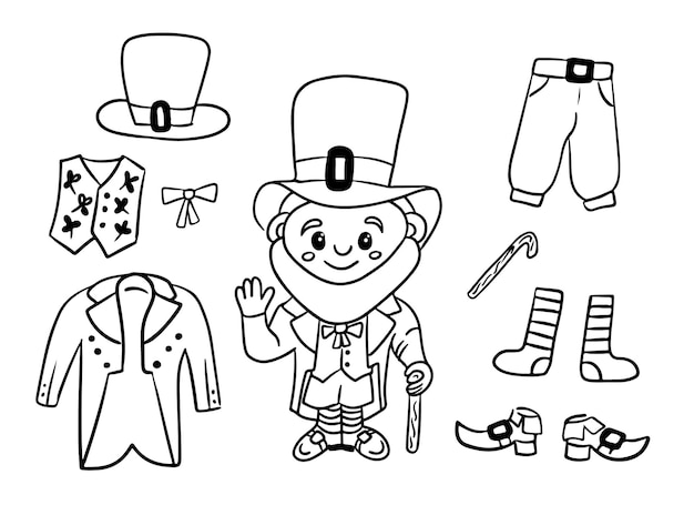 Vecteur set de contours de doodle du leprechaun et de ses vêtements