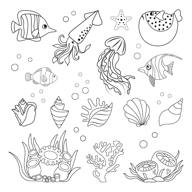Set de coquillages poissons algues et méduses dans le style linéaire simple set noir et blanc