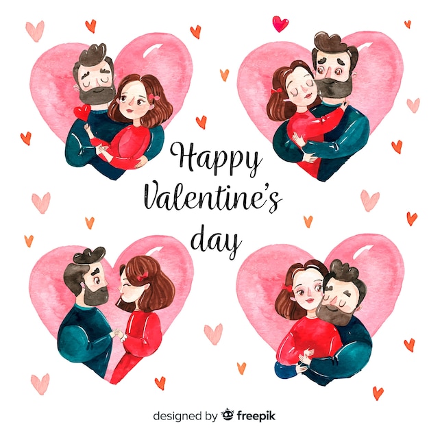 Set Couple Aquarelle Saint Valentin