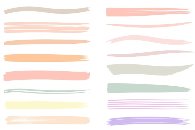 Set de coups de pinceau pastel dessinés à la main, en couleurs pastel, coups depinceau colorés.