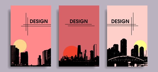 Vecteur set de couvertures avec silhouette de la ville et coucher de soleil design pour affiche de flyer réseaux sociaux