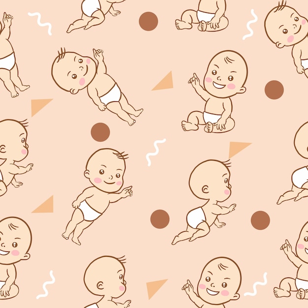 Set Cute Baby Babies Boy Cartoon Flat With Abstract Brown Object Collection Illustration Lite Pink