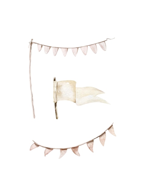 Set De Décor Isolé à L'aquarelle, Rubans, Guirlande De Drapeau De Fête Sur Fond Blanc, Objets Décoratifs De Style Vintage Peints à La Main Pour Le Salut, Conception D'étiquettes De Mariage