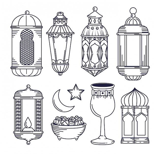 Vecteur set de décoration de lampes avec calice et lune avec étoile