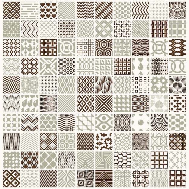 Set de décors sans couture vectoriels, collection de motifs géométriques. Textures ornées faites dans un style moderne et simple.