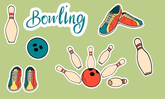 Set Dédié Au Bowling. Illustration Et Lettrage Isolés