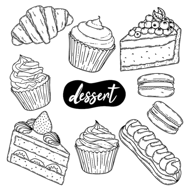 Vecteur set de desserts et de produits de boulangerie cookies meringue eclair croissant silhouette chocolat farine d'avoine