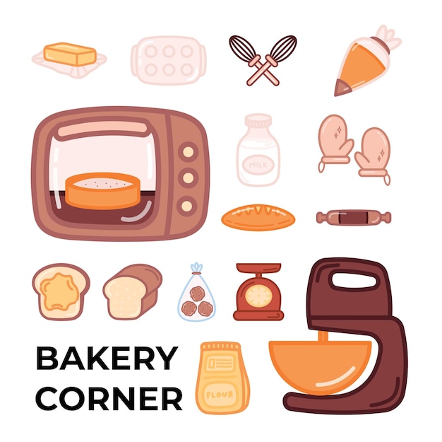 Set de dessins animés de boulangerie et d'outils de cuisine