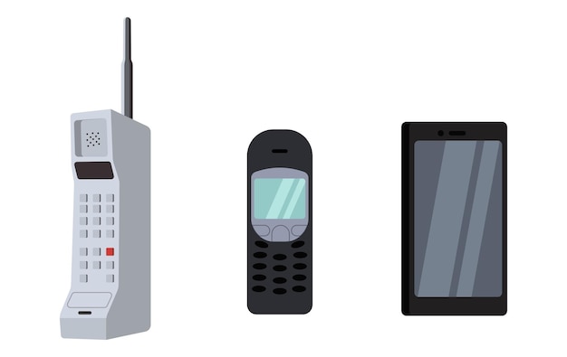 Set de différents téléphones dans le style de dessin animé Illustration vectorielle de l'évolution des téléphones des téléphones cellulaires rétro à boutons poussés aux smartphones modernes isolés sur un fond blanc