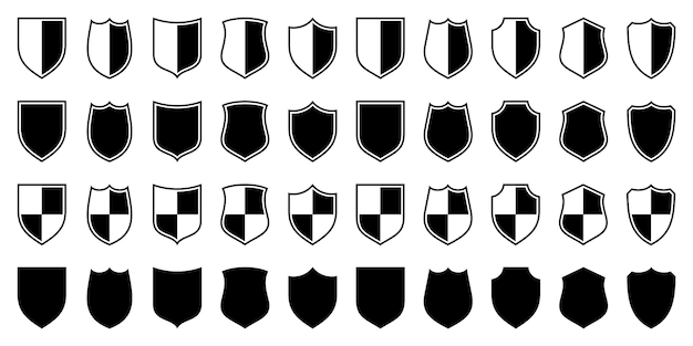 Set de diverses icônes de boucliers vintage boucliers héraldiques noirs étiquette de protection et de symbole de sécurité