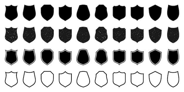 Set de diverses icônes de boucliers vintage délimités boucliers héraldiques noirs avec protection de texture grunge