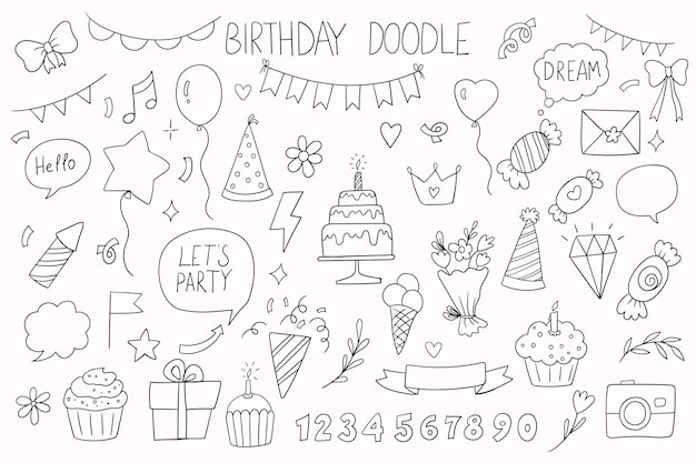 Set de Doodle de fête d'anniversaire avec des icônes vectorielles dessinées à la main