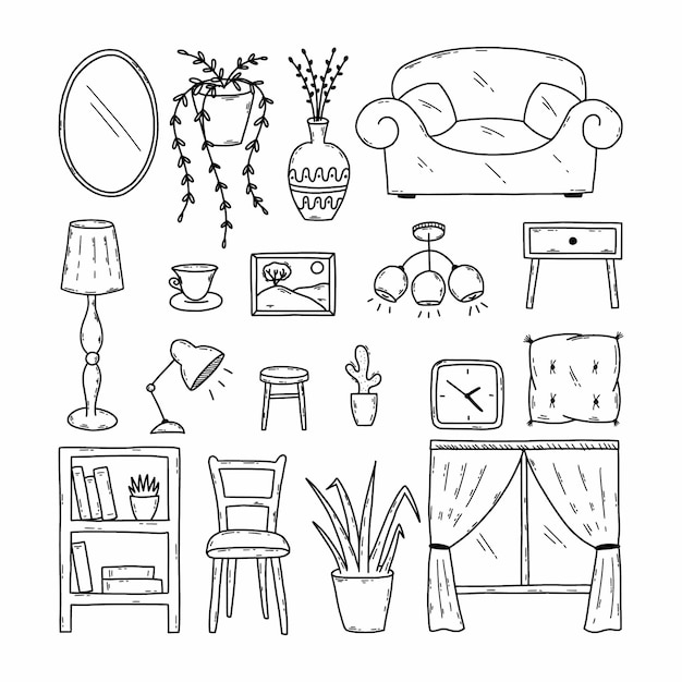 Vecteur set doodle illustration meubles et articles d'intérieur de maison collection dessinée à la main