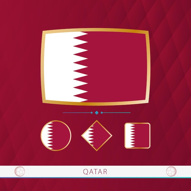 Vecteur set de drapeaux du qatar avec cadre doré pour une utilisation lors d'événements sportifs sur un fond abstrait bordeaux