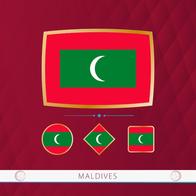 Vecteur set de drapeaux des maldives avec cadre doré pour une utilisation lors d'événements sportifs sur un fond abstrait bordeaux