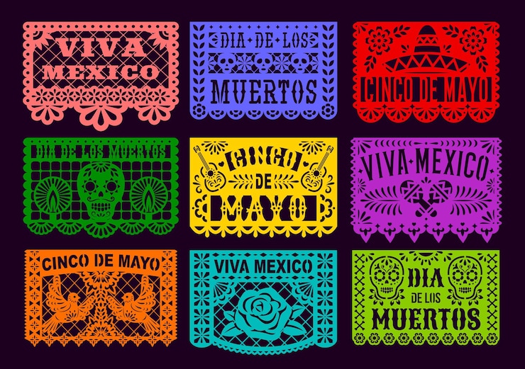 Vecteur set de drapeaux de vacances coupés en papier de papel picado mexicain