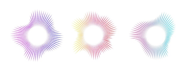 Set d'égalisateurs à points néons Ondes audio multicolores Ondes audio circulaires Courbe radiale du spectre sonore Illustration vectorielle