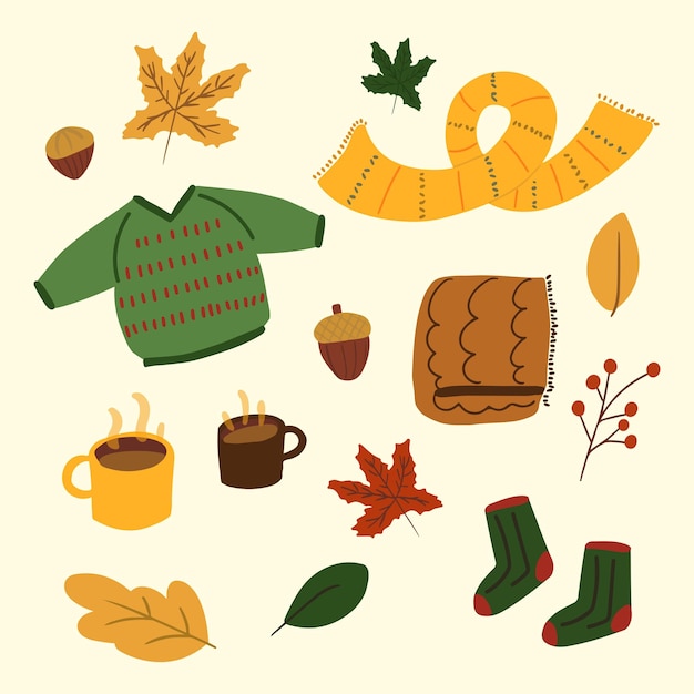 Set d'éléments d'automne dessinés à la main