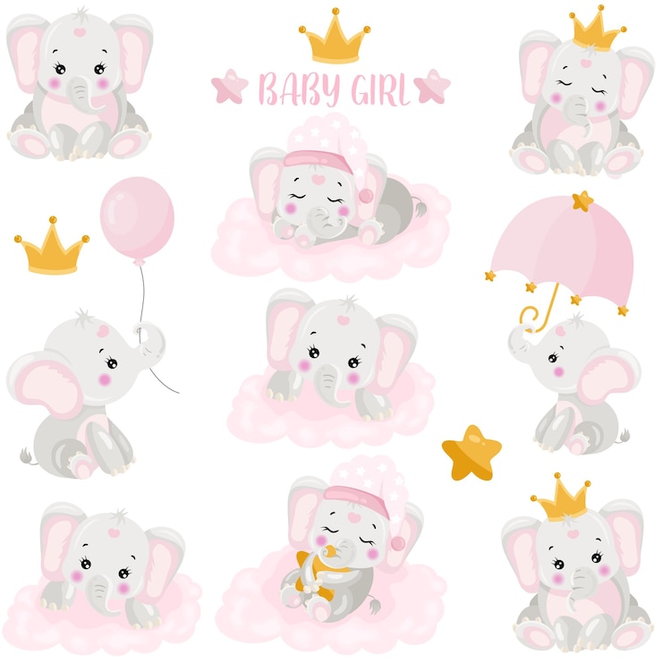 Vecteur set avec des éléments numériques roses d'un bébé éléphant