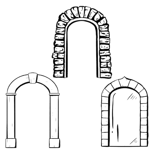 Set d'encre vector dessiné à la main porte en verre en bois ornée d'une arche en pierre entrée d'un magasin