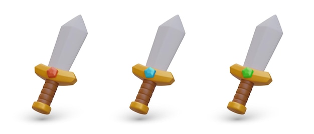 Set d'épées 3D avec des cristaux de différentes couleurs Icones de jeux mignons