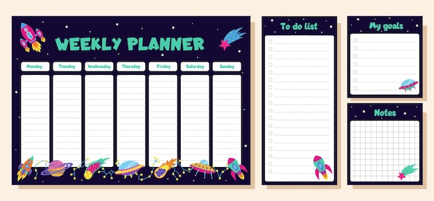 Set d'espace du planificateur hebdomadaire pour faire la liste des objectifs et des notes Set avec des éléments d'espace
