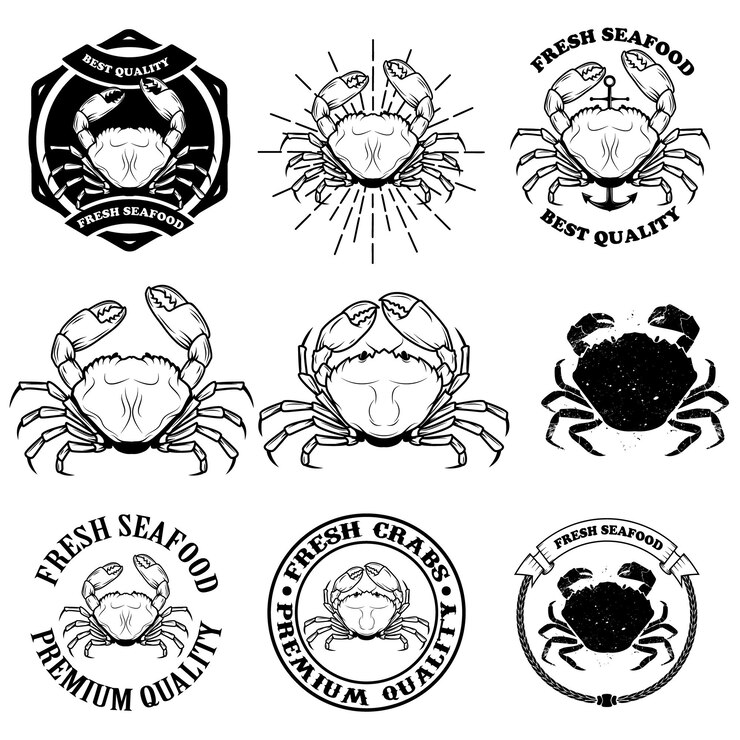 Vecteur set d'étiquettes de crabes, d'insignes et d'emblèmes et d'éléments de conception la viande de crabe la plus fine, les fruits de mer frais