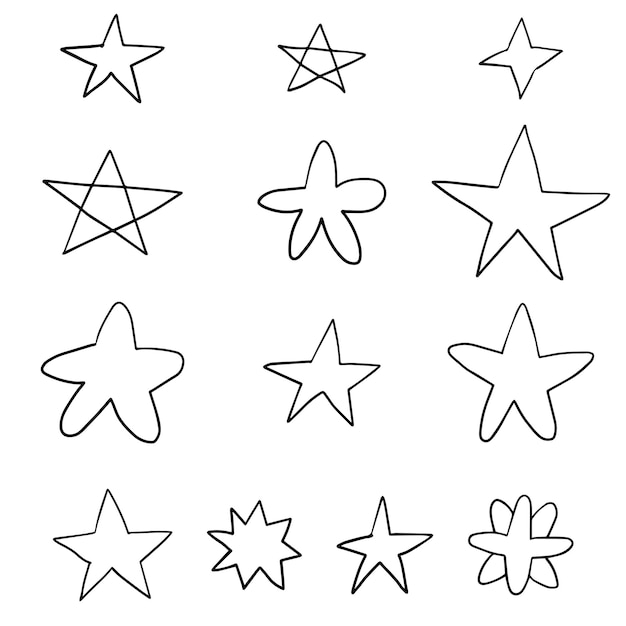 Set d'étoiles Doodle Éléments de ligne de stylo mignons Icon de symbole de décoration étincelant Style de ligne de croquis simple