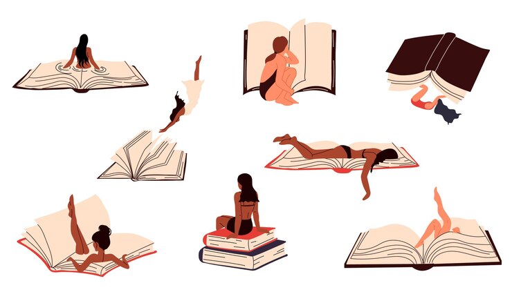 Vecteur set de femmes lisant un livre lire plus concept de livre fans ou amateurs de littérature