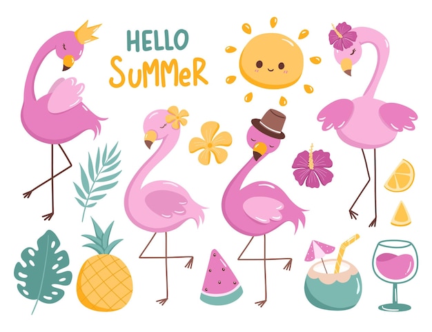 Set De Flamants Roses Et D'éléments D'été Clipart