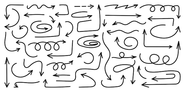 Set de flèches de couleur squiggly Doodle lignes spirales de mouvement Pencil pinceau flèches pour les icônes sketch highli